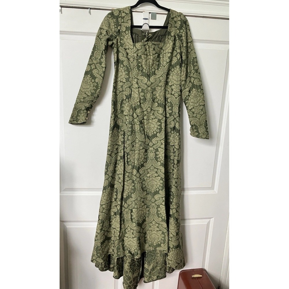 Homemade Brocade Green Renaissance Maxi Dress Whimsigoth Damask Corset Medieval - Picture 4 of 16